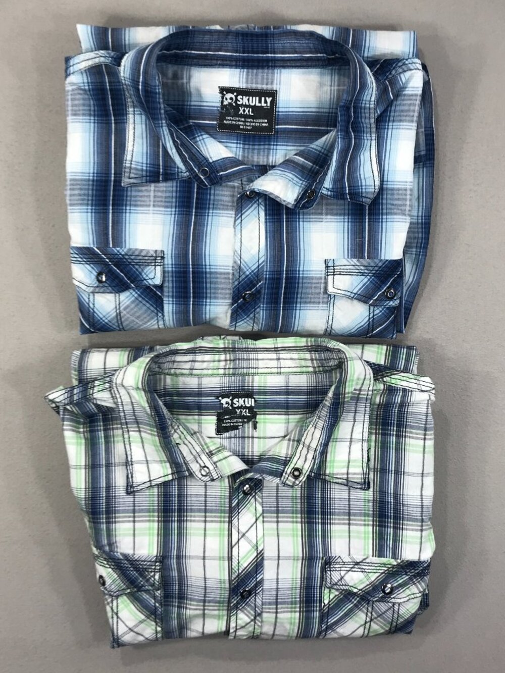 Lot of 2 Skully Shirt Men's 2XL Green Blue Plaid Snap Button Down Long Sleeve